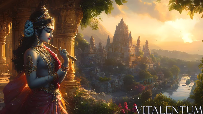 Divine figure with flute before ornate riverside temple city.