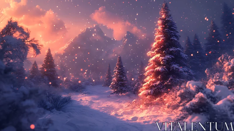 Snow-covered conifer forest at dusk with glowing warm bokeh