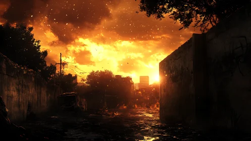 Post-apocalyptic urban alley under incendiary sunset light.