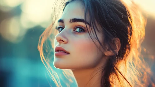 Sunlit portrait captures a serene young woman at golden hour