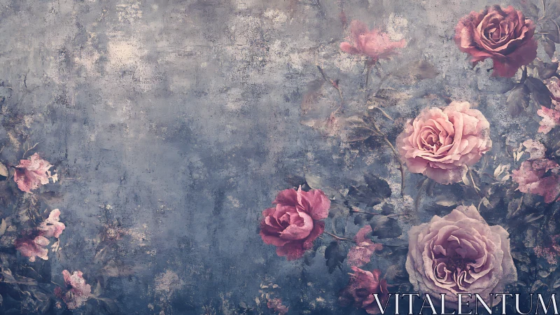 Faded vintage roses spread over textured blue painted backdrop