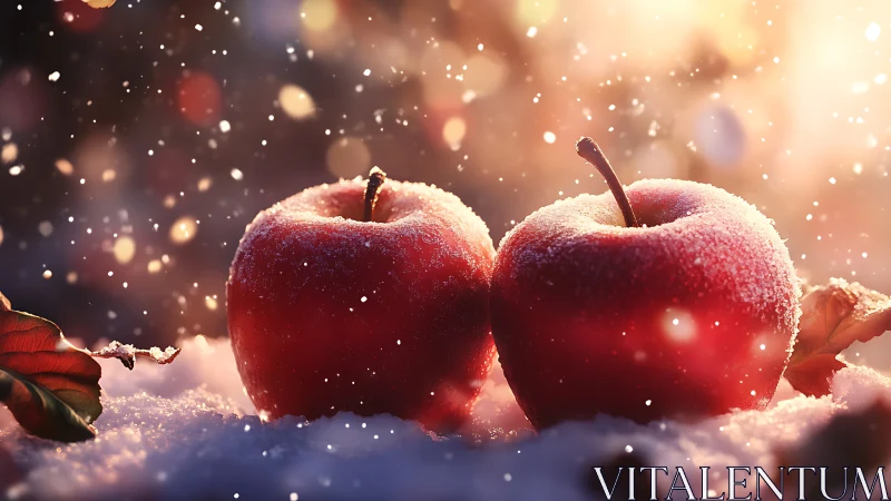 Frosted red apples resting in soft winter sunset snow.