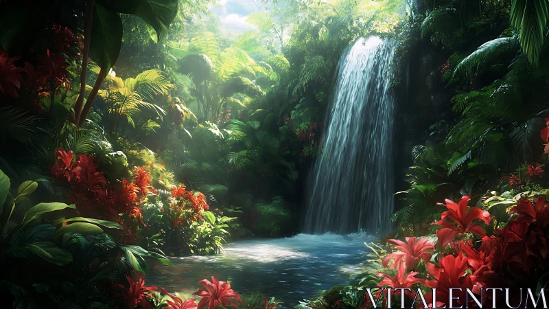 Lush tropical waterfall amid dense foliage and flowers.