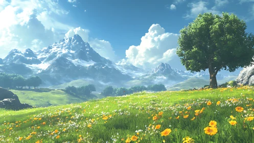 Sunlit wildflower meadow beneath calm snowcapped mountains.