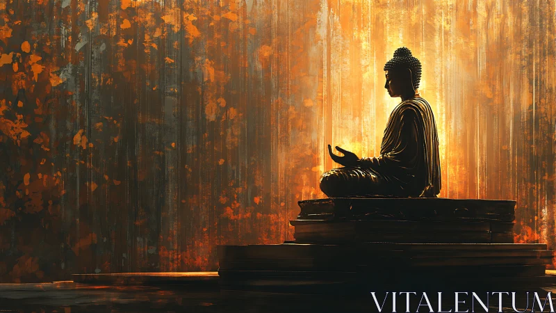 Backlit Buddha statue in meditative profile amid radiant bokeh field