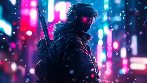 Cyberpunk sniper stalks neon city streets under snowfall.