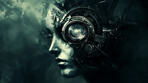 Cybernetic visage emerges from shadowy mechanical storm.