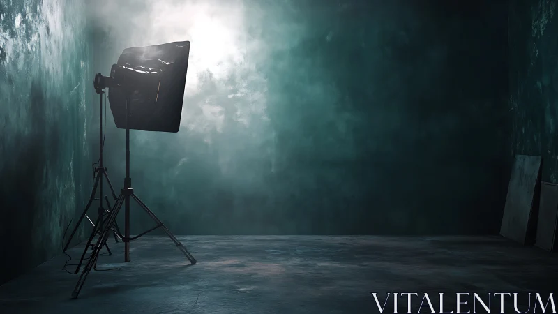 Moody studio corner where a lone softbox sculpts foggy light.