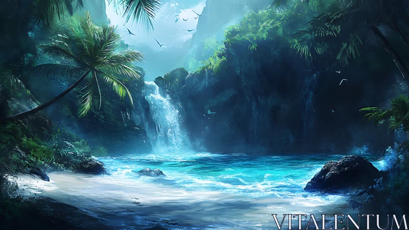 Tropical lagoon with waterfall canyon and luminous turquoise water