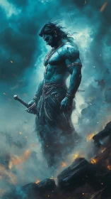 Blue-skinned warrior stands in smoky battlefield environment