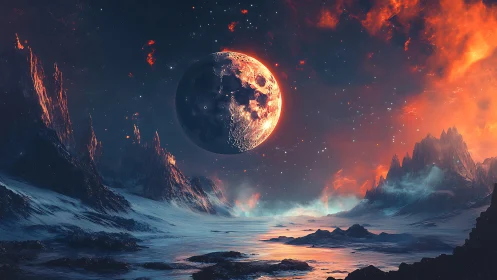 Luminous volcanic moon dominates an alien cryogenic seascape