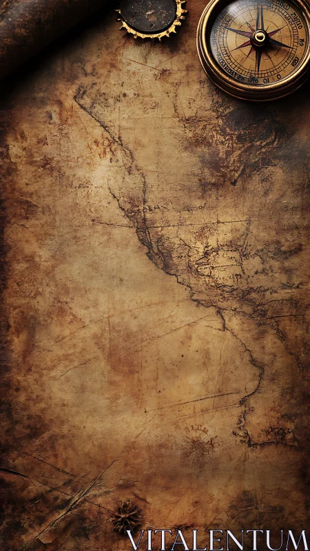 Weathered pirate map and brass compass of forgotten shores.