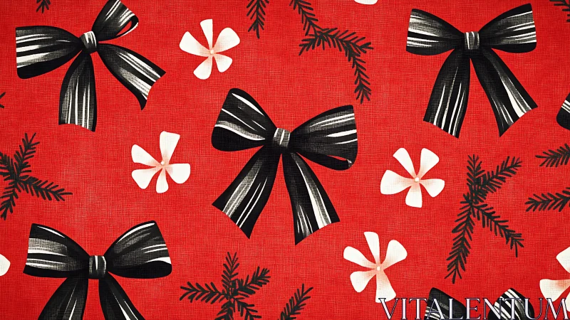 Black bows and white flowers repeat on red festive fabric