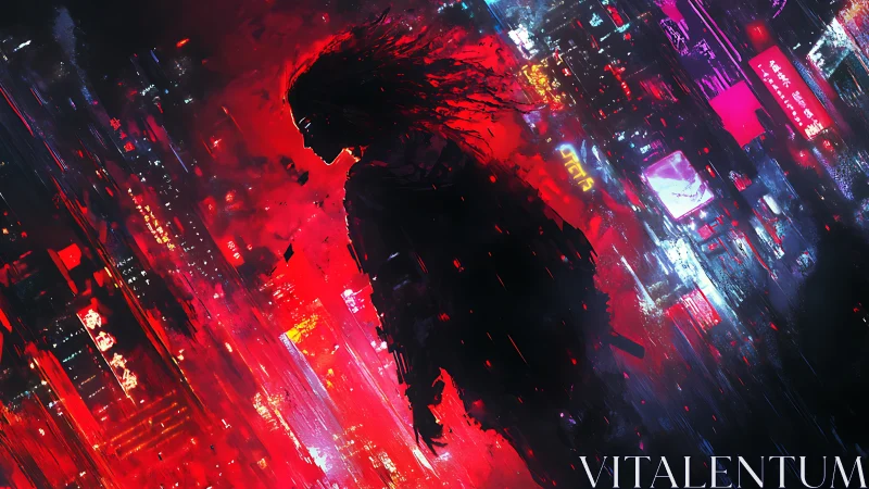 Silhouetted cybernetic drifter amid neon-saturated stormfield.