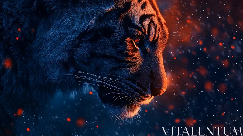 Burning gaze of a neon-lit tiger amid ember snowfall.