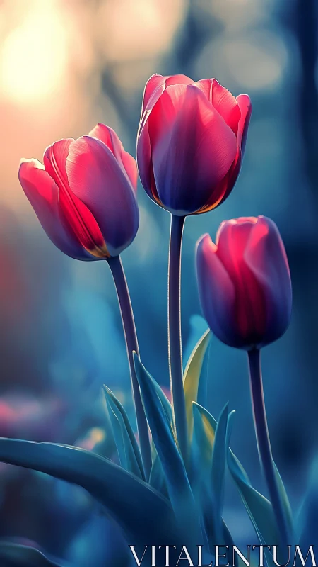 Backlit Tulip Trio: Magenta-Gradient Petals Against Cool Blue Bokeh