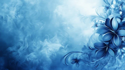 Dreamy blue blossoms unfolding in a gentle swirling mist.