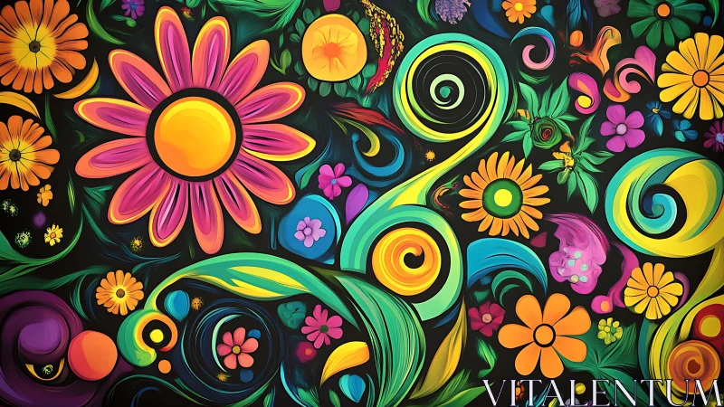 Vibrant swirling florals in neon gradients on dark ground.