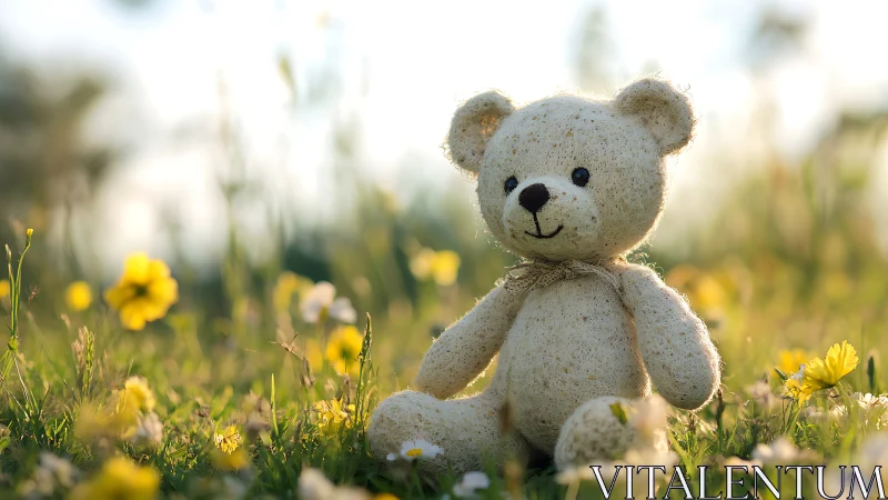 Soft teddy bear in sunlit meadow with yellow wildflowers.