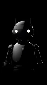 Glossy black robot portrait under dramatic studio lighting.