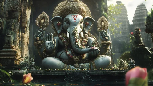 Lotus-lit Ganesha sanctuary in moss-kissed temple ruins.