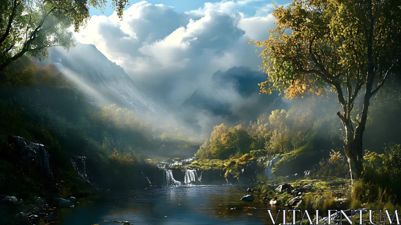 Mountain valley river scene shows waterfalls under clouds