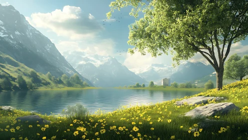 Mountain lake landscape shows tree, meadow and distant peaks
