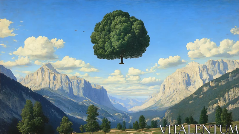 Suspended green tree floats above sunlit alpine valley