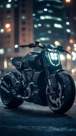 Futuristic black motorcycle waits under neon city lights