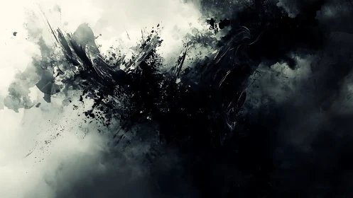 Dark abstract ink explosion on smoky grayscale background.