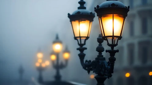 Victorian street lamps glowing through dense urban fog.