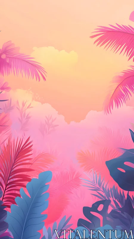 Neon tropical foliage under soft pastel sunset sky.