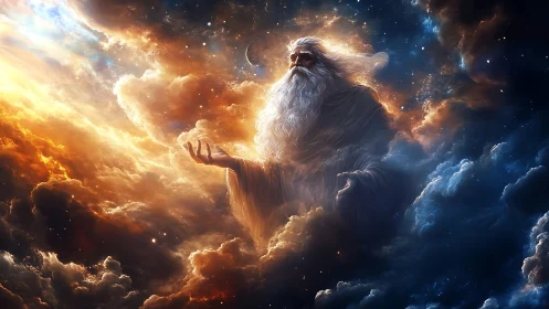 Celestial elder commands swirling cosmic storm clouds