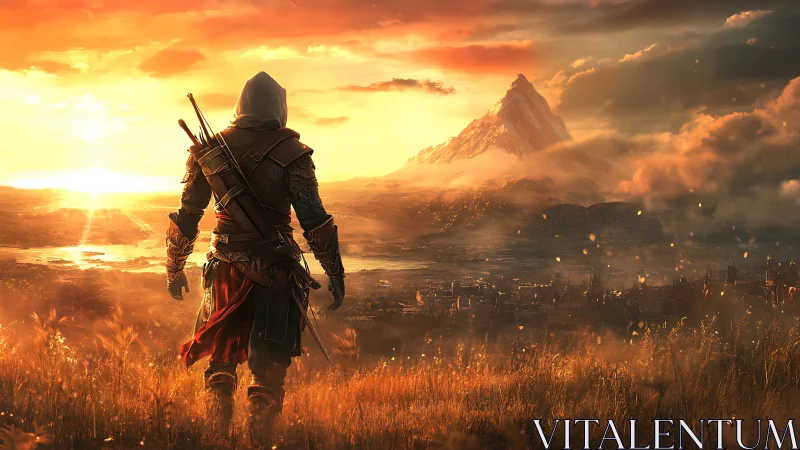 Hooded warrior surveys sunlit valley before distant mountain