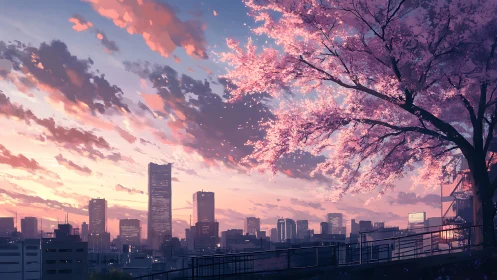 Sakura skyline at sunset over stylized modern city horizon.