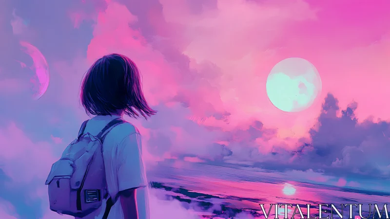 Figure with backpack facing dual moons over pink seascape.