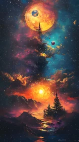 Cosmic twin suns illuminate surreal mountains and lake