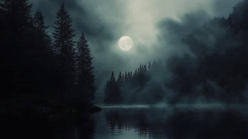 Moonlit mist haunts a silent forest lake beneath pale skies.