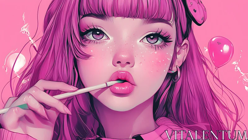 Pink anime girl portrait with candy and glossy lips.