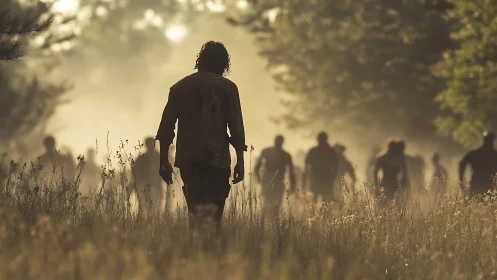 Wandering silhouettes crossing a misty golden meadow.