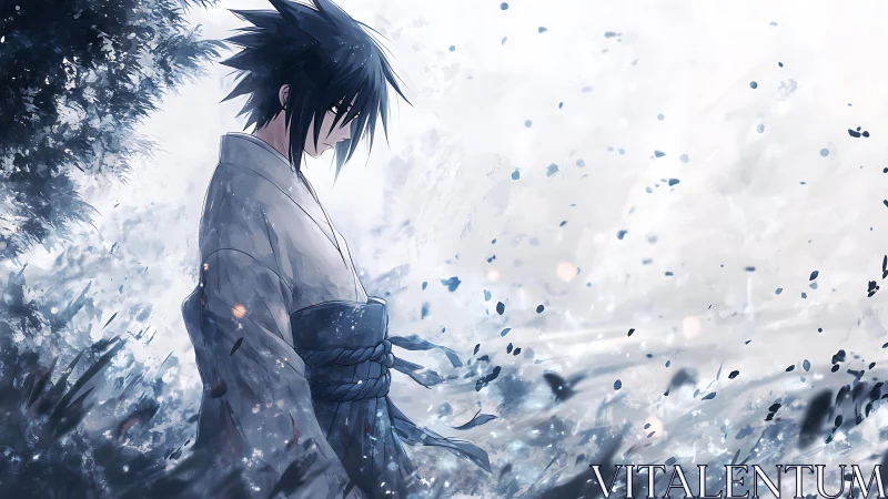 Solitary warrior stands amid swirling frostlit petals.