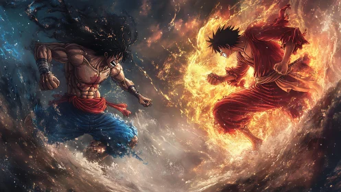 Fiery warrior clashes with water-forged rival in storm vortex