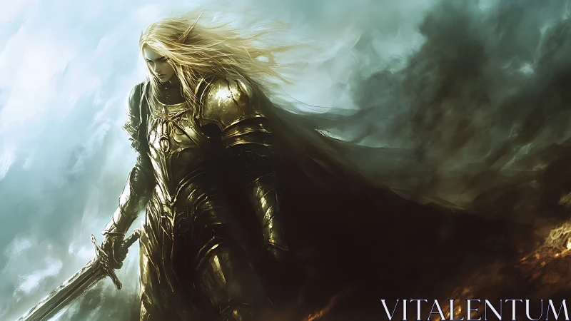 Golden elven paladin in ornate plate armor amid stormfront