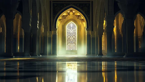Golden prayer hall drenched in luminous sacred stillness.