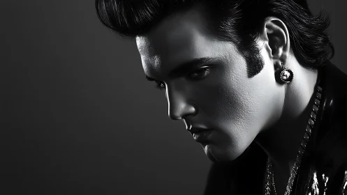 Moody grayscale portrait of a brooding rockabilly dreamer.