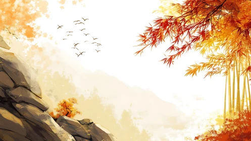 Autumn mountain slope and bamboo grove rendered in warm ink wash