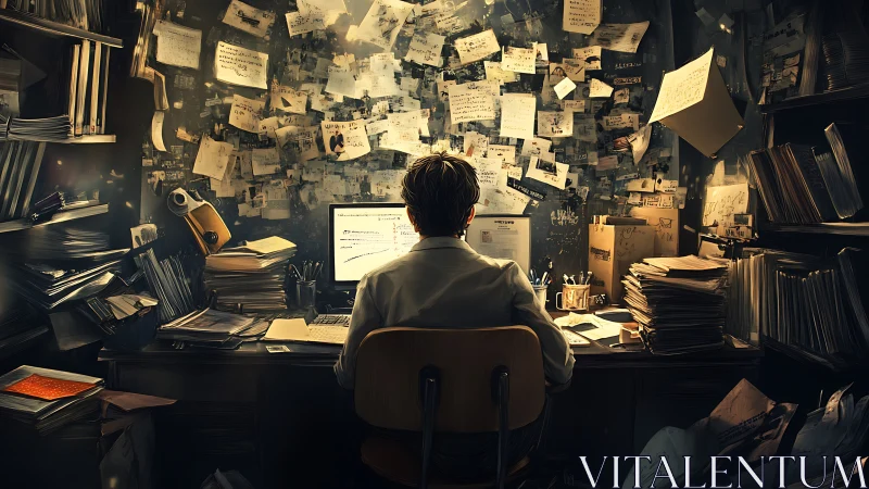 Data analyst at cluttered workstation under research evidence wall