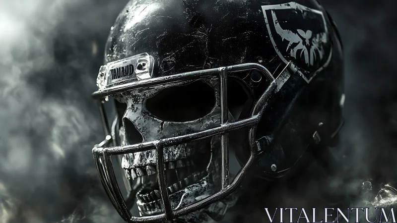 Grim gridiron reaper helmet seething through silver smoke.