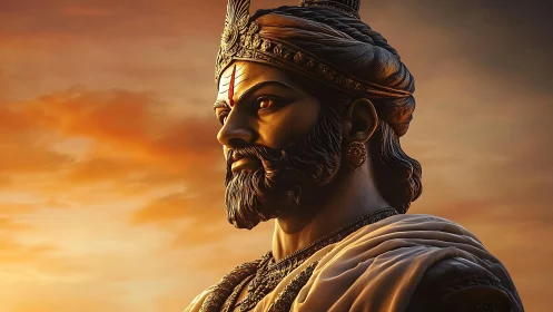 Regal warrior king gazing calmly into a glowing sunset sky.