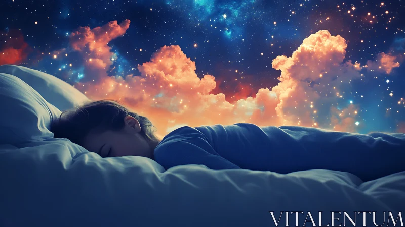 Dreaming sleeper beneath luminous cosmic cloudscape.
